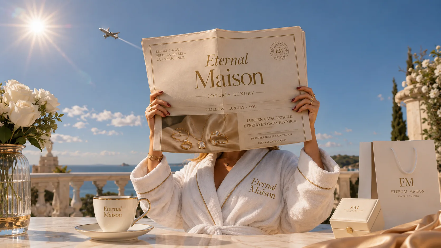 Mujer en una terraza sostiene un periódico titulado Eternal Maison